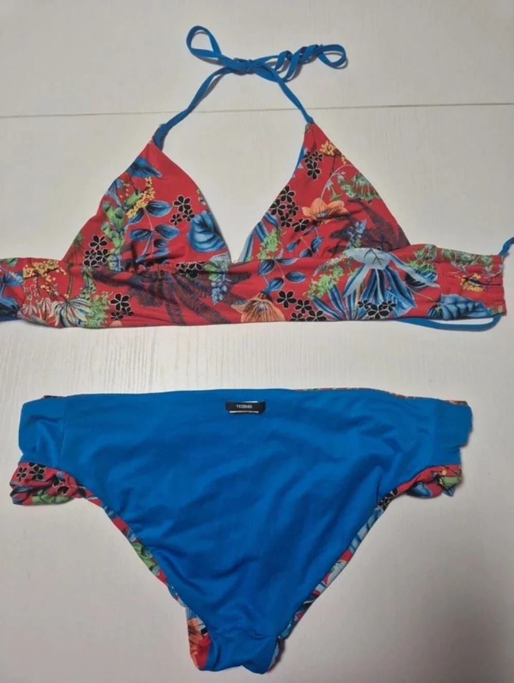 Girls' Red Tropical Floral Two-Piece Bikini with Blue Trim
